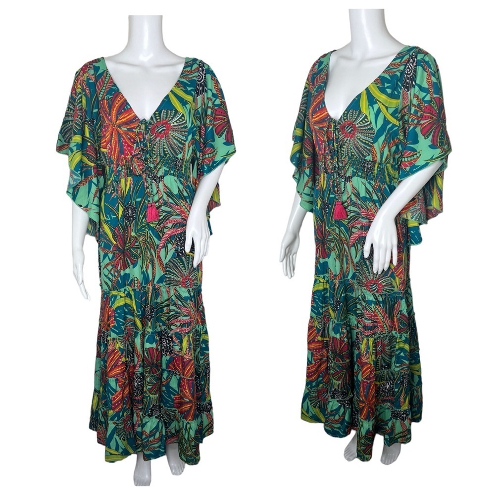 Anthropologie Boemo Tropical Floral Smocked Tiered Kimono Sleeve Maxi Dress